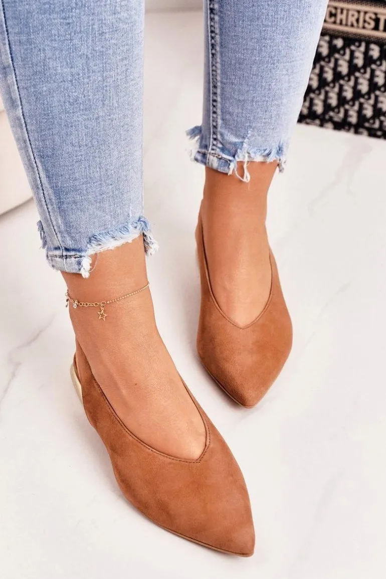 Zamszowe Baleriny Na Złotym Obcasie Laura Messi 2127 Camel