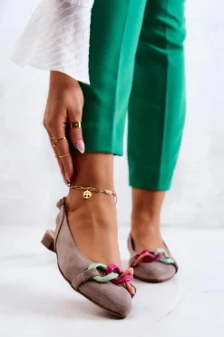 Zamszowe Baleriny Z Łańcuchem Lewski Shoes 3125 Beżowe