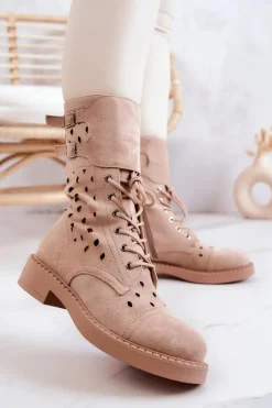 Zamszowe Botki Ażurowe Na Suwak Jasnobeżowe Hermione