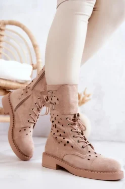 Zamszowe Botki Ażurowe Na Suwak Jasnobeżowe Hermione