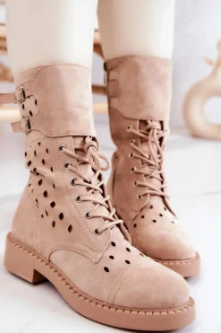 Zamszowe Botki Ażurowe Na Suwak Jasnobeżowe Hermione