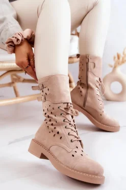 Zamszowe Botki Ażurowe Na Suwak Jasnobeżowe Hermione