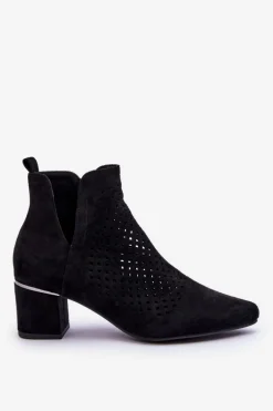 Zamszowe Botki Ażurowe Z Wycięciem Na Obcasie Czarne Blakely