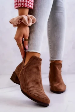 Zamszowe Botki Ażurowe Z Wycięciem Brązowe Carine