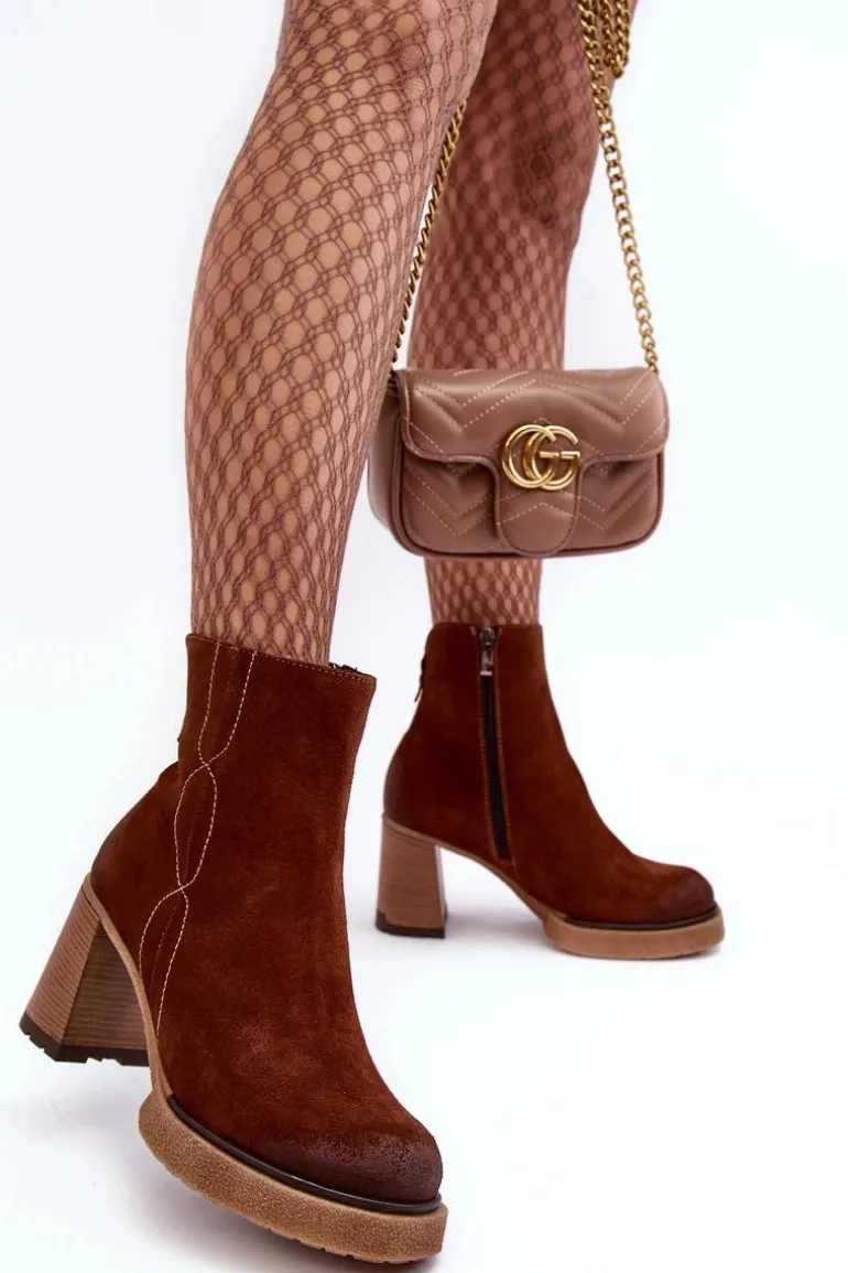 Zamszowe Botki Damskie Na Słupku Brązowe Lemar Remilda