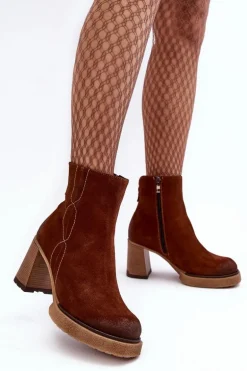 Zamszowe Botki Damskie Na Słupku Brązowe Lemar Remilda