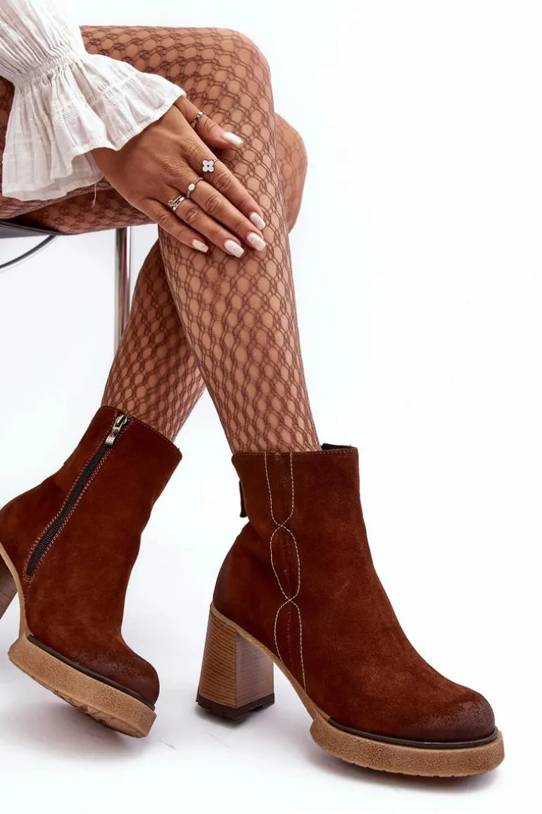Zamszowe Botki Damskie Na Słupku Brązowe Lemar Remilda