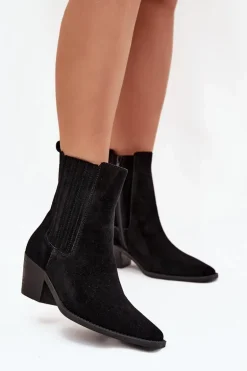 Zamszowe Botki Damskie Na Słupku Ocieplane Czarne Arelia