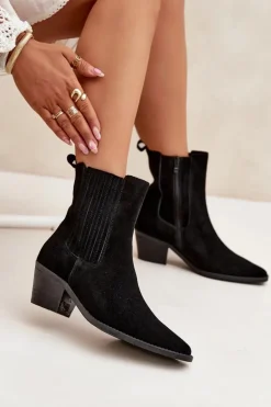 Zamszowe Botki Damskie Na Słupku Ocieplane Czarne Arelia