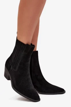 Zamszowe Botki Damskie Na Słupku Ocieplane Czarne Arelia