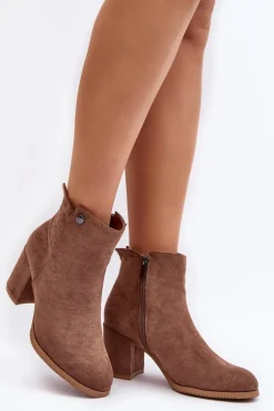 Zamszowe Botki Damskie Na Słupku Brązowe Selela