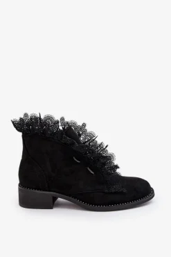 Zamszowe Botki Damskie Na Płaskim Obcasie Czarne Klemovia