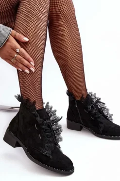 Zamszowe Botki Damskie Na Płaskim Obcasie Czarne Klemovia
