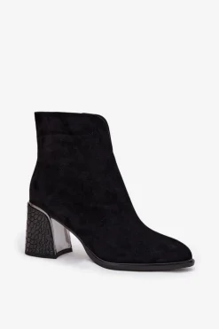 Zamszowe Botki Damskie Na Słupku Z Tłoczeniem Ocieplane Vinceza 66801 Czarne