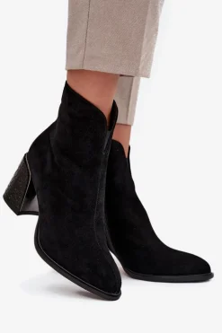 Zamszowe Botki Damskie Na Słupku Z Tłoczeniem Ocieplane Vinceza 66801 Czarne
