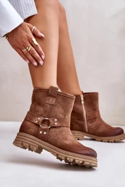 Zamszowe Botki Damskie Na Płaskim Obcasie Lewski 3610 Brązowe