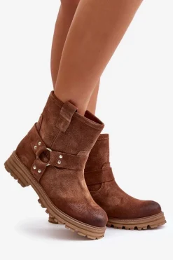 Zamszowe Botki Damskie Na Płaskim Obcasie Lewski 3610 Brązowe