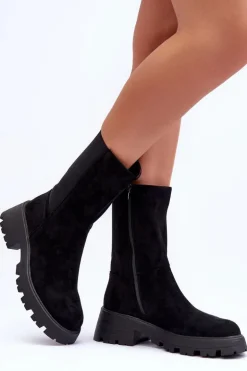 Zamszowe Botki Damskie Na Płaskim Obcasie Czarne Altandros