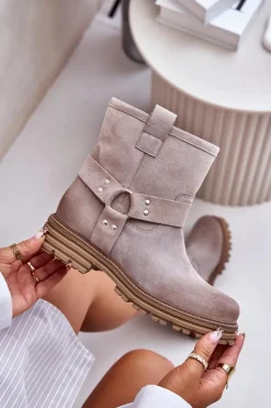 Zamszowe Botki Damskie Na Płaskim Obcasie Lewski 3610 Cappucino