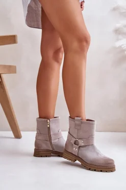 Zamszowe Botki Damskie Na Płaskim Obcasie Lewski 3610 Cappucino