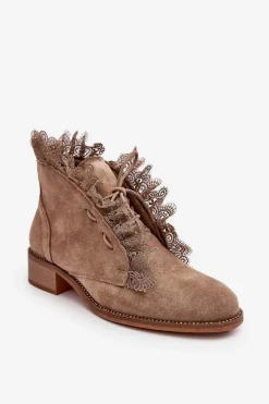 Zamszowe Botki Damskie Na Płaskim Obcasie Beżowe Klemovia