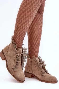 Zamszowe Botki Damskie Na Płaskim Obcasie Beżowe Klemovia