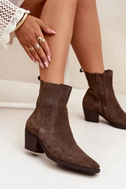 Zamszowe Botki Damskie Na Słupku Ocieplane Khaki Arelia