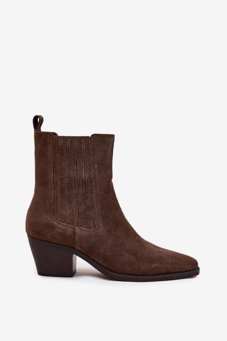 Zamszowe Botki Damskie Na Słupku Ocieplane Khaki Arelia