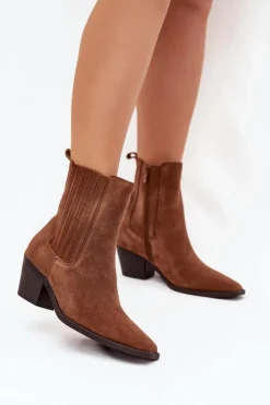 Zamszowe Botki Damskie Na Słupku Ocieplane Camel Arelia