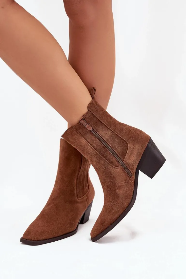 Zamszowe Botki Damskie Na Słupku Ocieplane Camel Arelia
