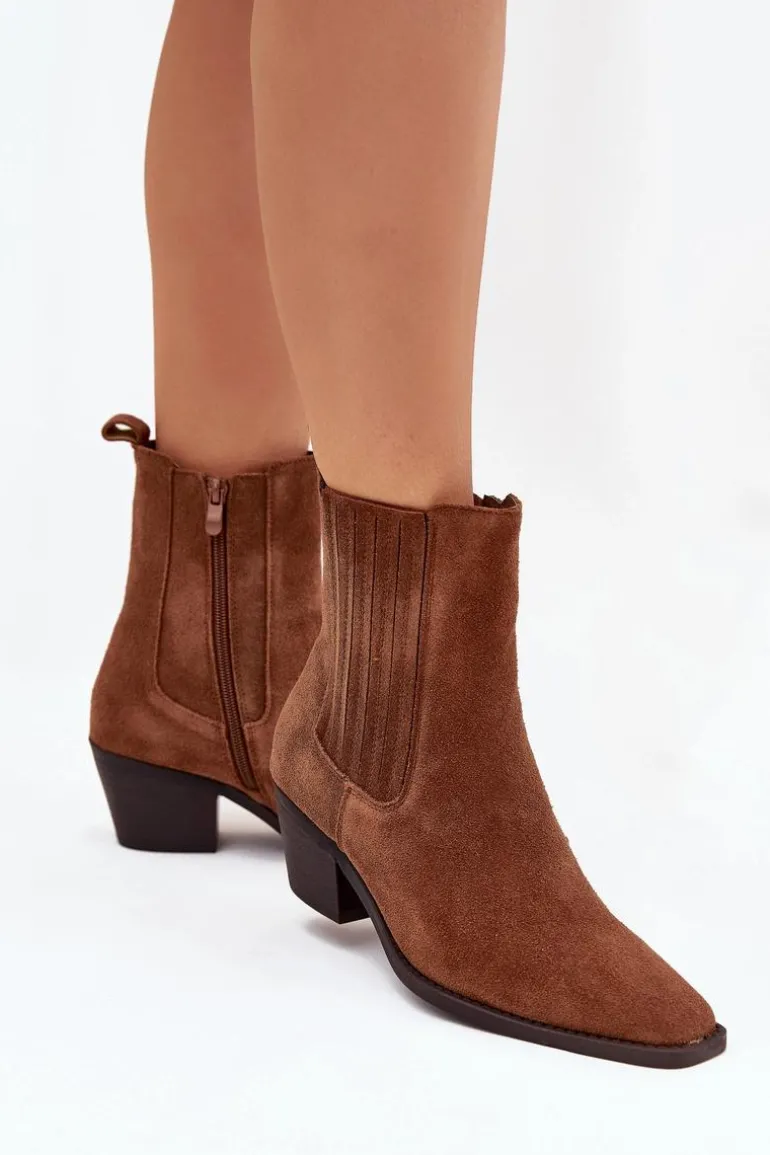 Zamszowe Botki Damskie Na Słupku Ocieplane Camel Arelia