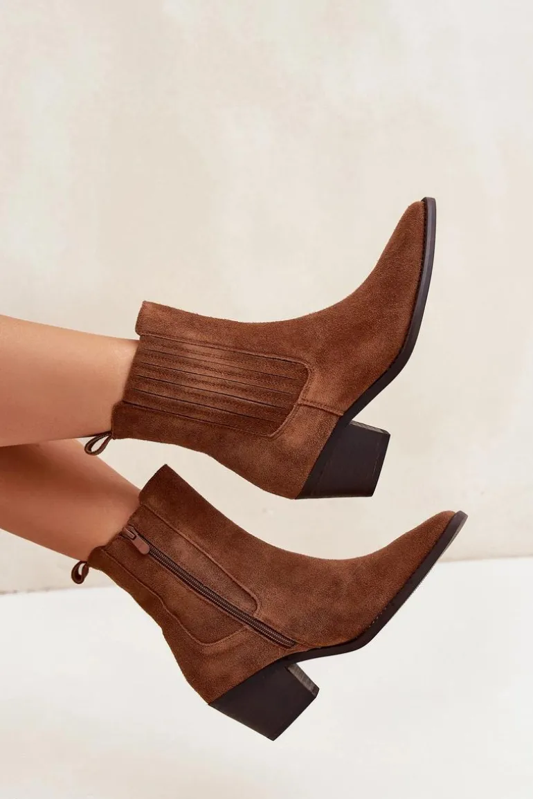 Zamszowe Botki Damskie Na Słupku Ocieplane Camel Arelia
