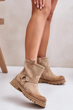Zamszowe Botki Damskie Na Płaskim Obcasie Lewski 3610 Beżowe