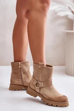Zamszowe Botki Damskie Na Płaskim Obcasie Lewski 3610 Beżowe