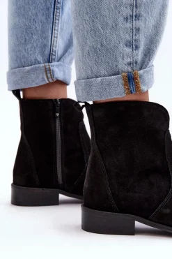 Zamszowe Botki Damskie Na Suwak Czarne Nicole 2829