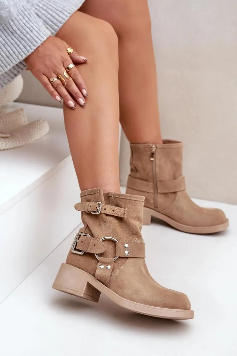 Zamszowe Botki Damskie Na Niskim Obcasie Klocku Z Paskami Zazoo 3644 Beżowe