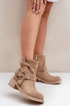 Zamszowe Botki Damskie Na Niskim Obcasie Klocku Z Paskami Zazoo 3644 Beżowe