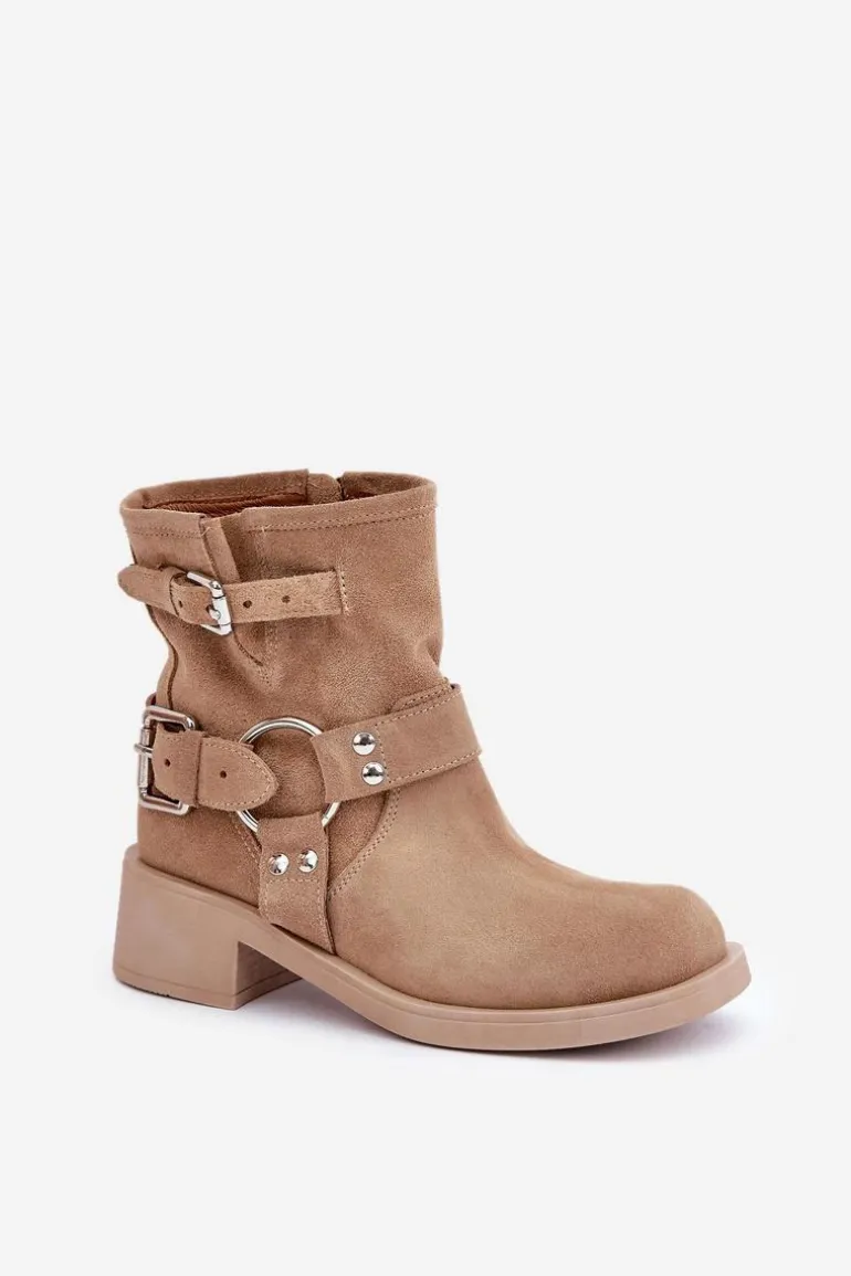 Zamszowe Botki Damskie Na Niskim Obcasie Klocku Z Paskami Zazoo 3644 Beżowe