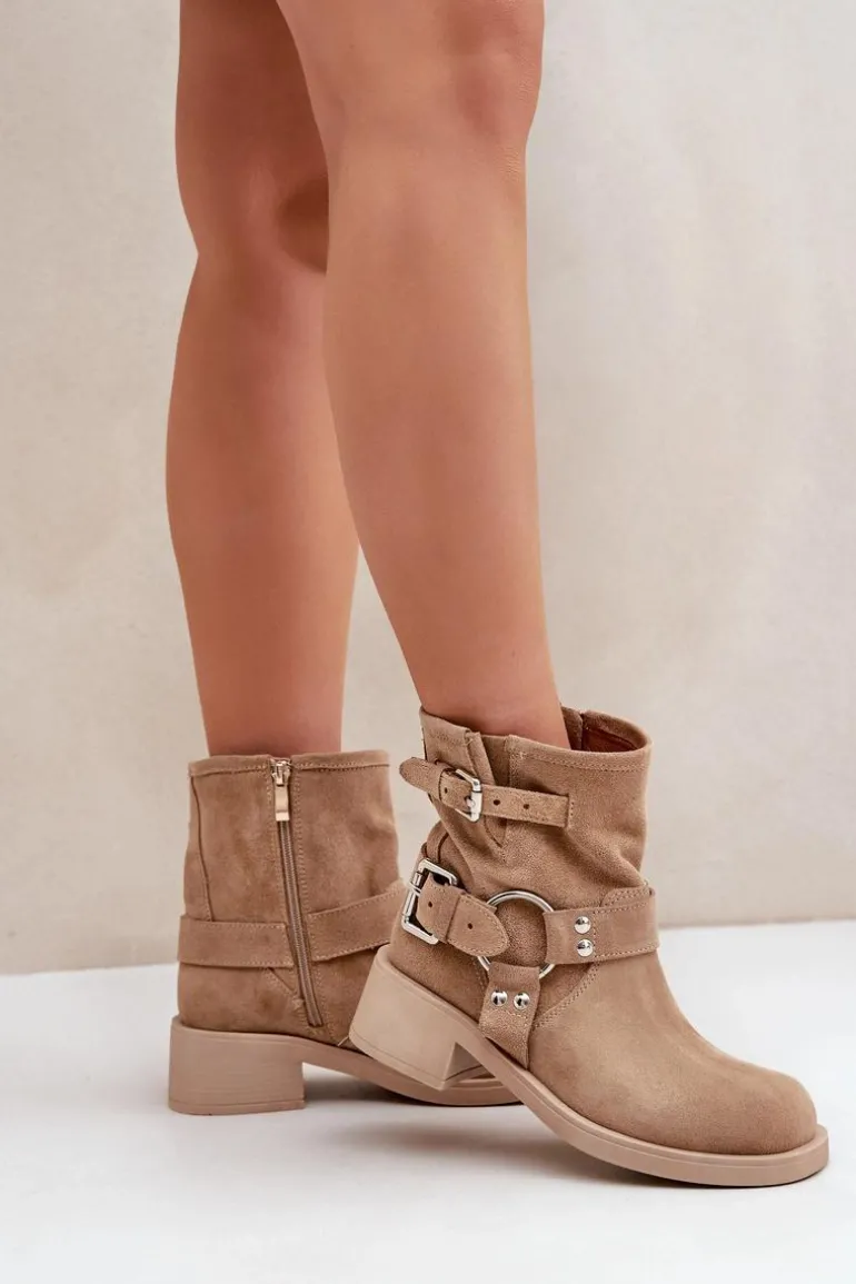 Zamszowe Botki Damskie Na Niskim Obcasie Klocku Z Paskami Zazoo 3644 Beżowe