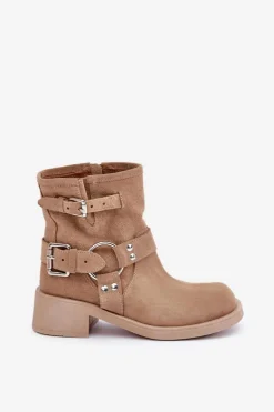 Zamszowe Botki Damskie Na Niskim Obcasie Klocku Z Paskami Zazoo 3644 Beżowe