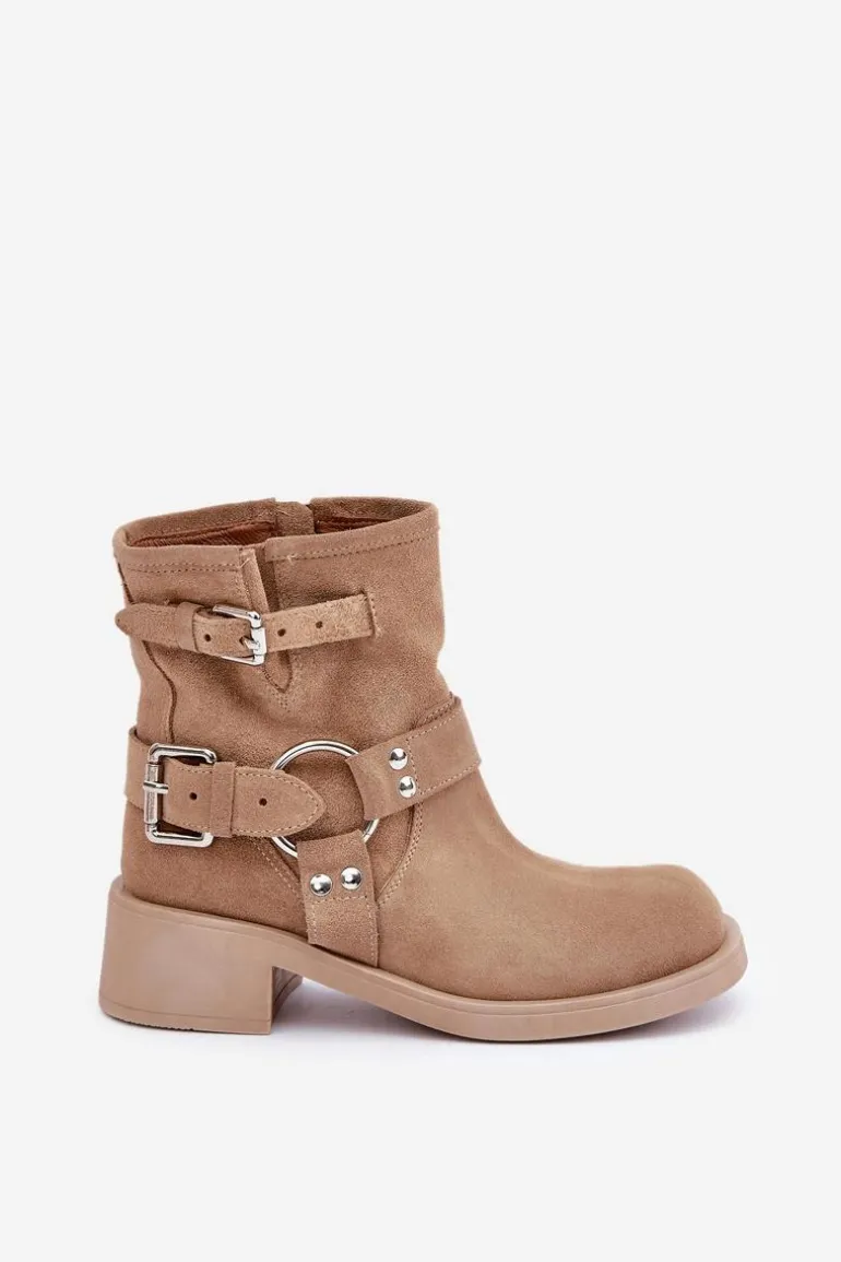 Zamszowe Botki Damskie Na Niskim Obcasie Klocku Z Paskami Zazoo 3644 Beżowe