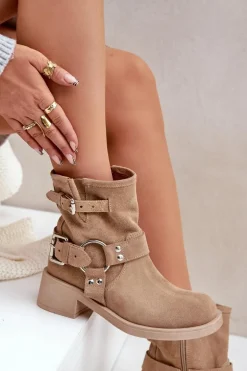 Zamszowe Botki Damskie Na Niskim Obcasie Klocku Z Paskami Zazoo 3644 Beżowe