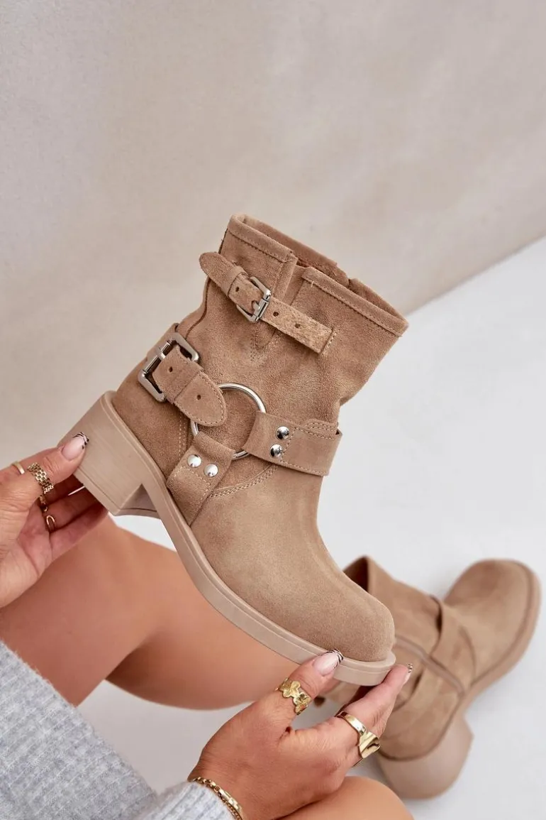 Zamszowe Botki Damskie Na Niskim Obcasie Klocku Z Paskami Zazoo 3644 Beżowe