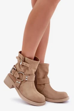 Zamszowe Botki Damskie Na Niskim Obcasie Klocku Z Paskami Zazoo 3644 Beżowe