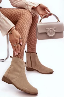 Zamszowe Botki Damskie Na Suwak Beżowe Nicole 2829