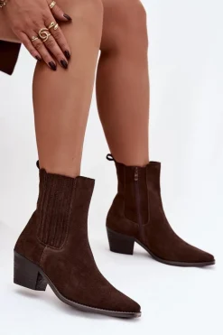 Zamszowe Botki Damskie Na Słupku Ocieplane Brązowe Arelia