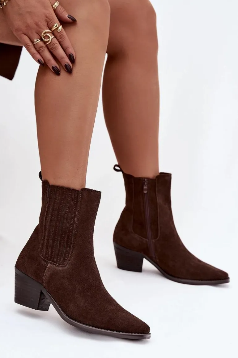 Zamszowe Botki Damskie Na Słupku Ocieplane Brązowe Arelia