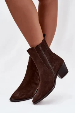 Zamszowe Botki Damskie Na Słupku Ocieplane Brązowe Arelia