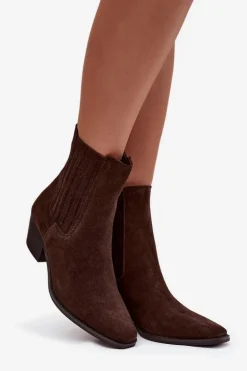 Zamszowe Botki Damskie Na Słupku Ocieplane Brązowe Arelia