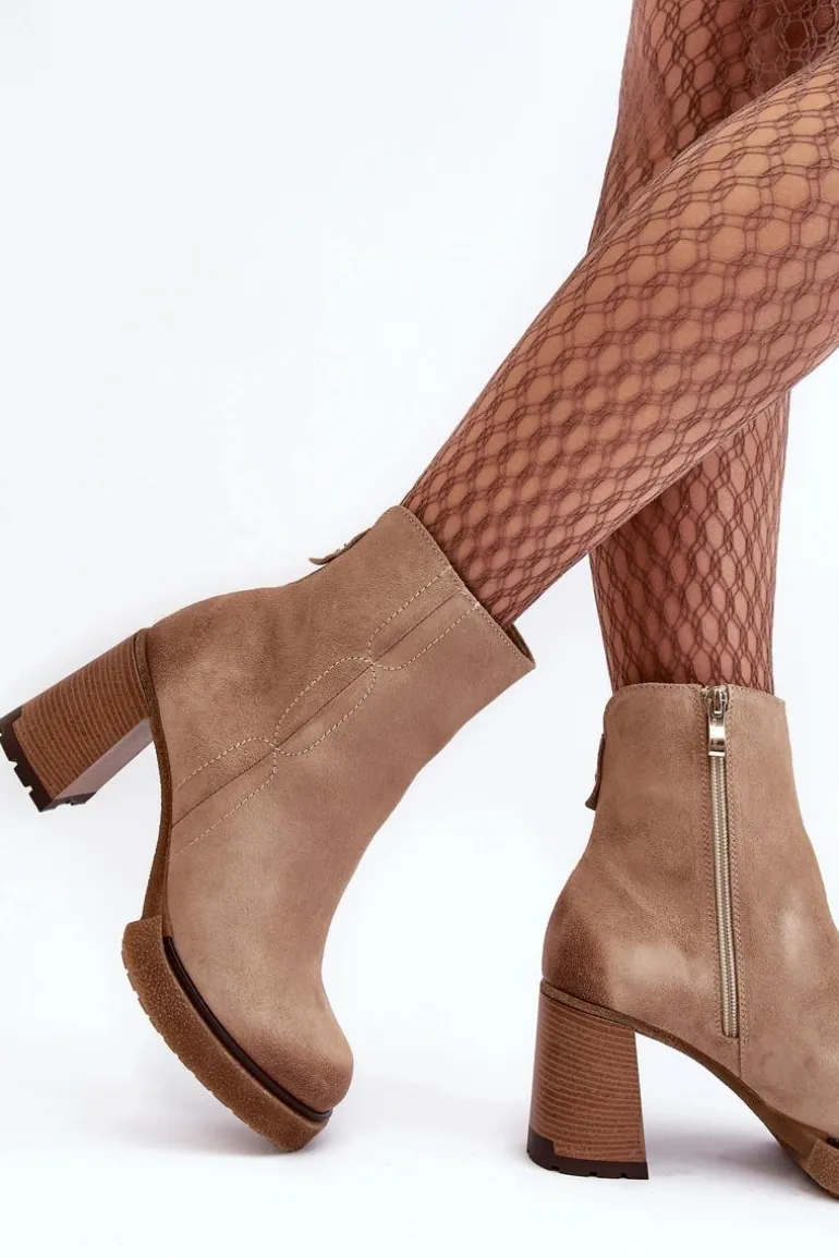 Zamszowe Botki Damskie Na Słupku Beżowe Lemar Remilda